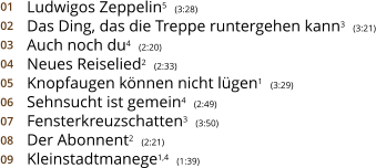 01 02 03 04 05 06 07 08 09  Ludwigos Zeppelin5  (3:28)  Das Ding, das die Treppe runtergehen kann3  (3:21) Auch noch du4  (2:20) Neues Reiselied2  (2:33) Knopfaugen können nicht lügen1  (3:29) Sehnsucht ist gemein4  (2:49) Fensterkreuzschatten3  (3:50) Der Abonnent2  (2:21) Kleinstadtmanege1,4  (1:39)